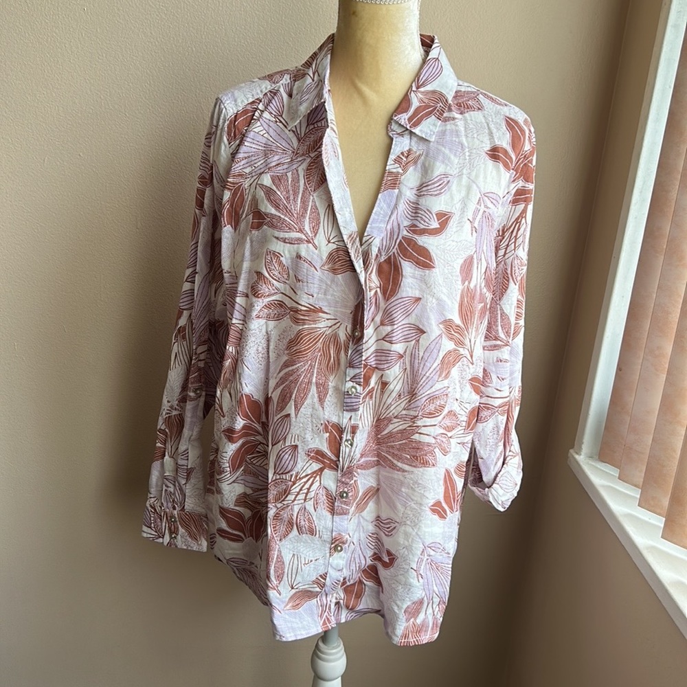 Tahari Womens Sz XL Linen Shirt Tunic Top Nwt Floral Roll Tab Sleeve.